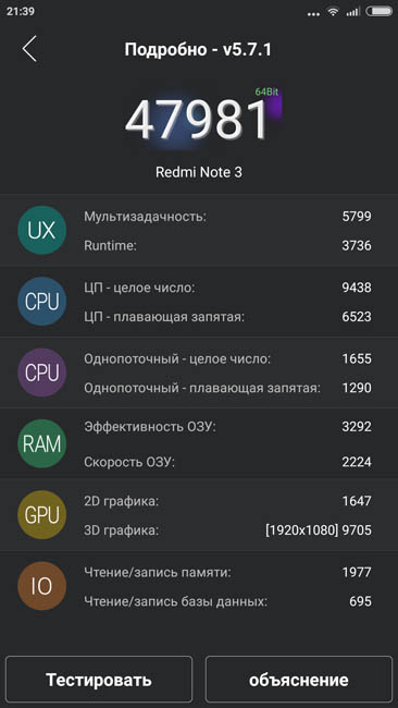 Результаты тестирования Xiaomi Redmi Note 3 в AnTuTu 5.7.1
