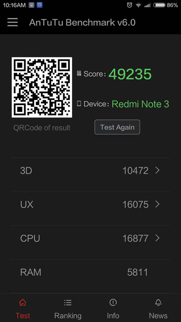 Тест Xiaomi Redmi Note 3 в AnTuTu 6