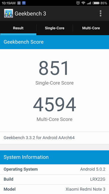 Тест Xiaomi Redmi Note 3 в Geekbench 3