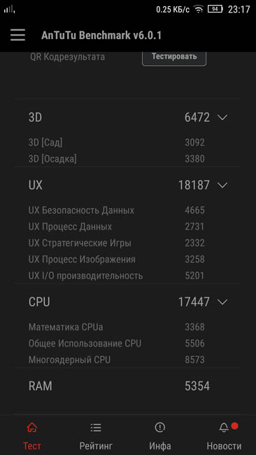 Результаты системных тестов Lenovo Vibe S1 в AnTuTu 6.0.1