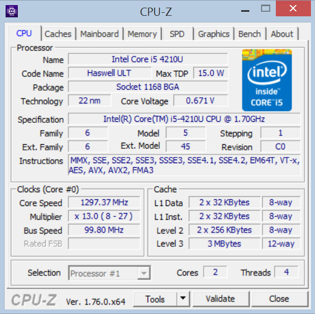 Процессор Dell Alienware 13 по данным CPU-Z