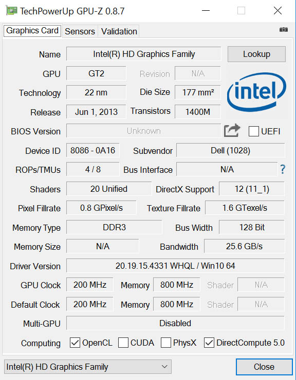 Характеристики встроенной видеосистемы Dell Alienware 13 (2)