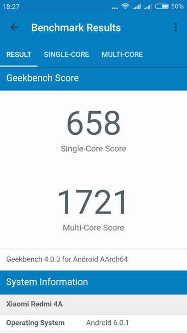 Тест Xiaomi Redmi 4A на производительность в Geekbench 4
