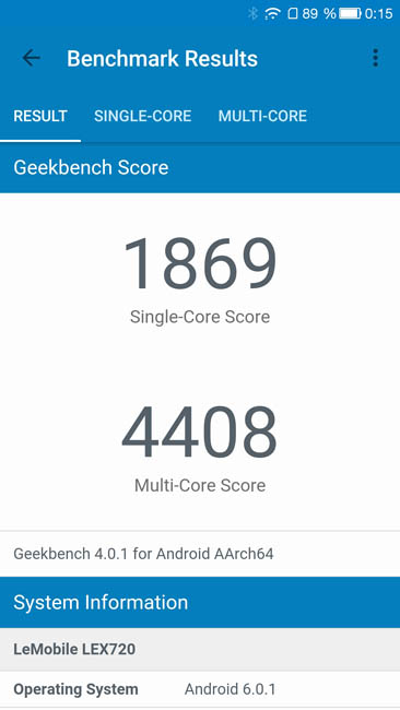 Тест производительности LeEco Le 3 Pro в Geekbench 4