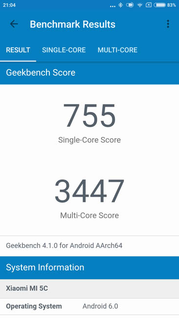 Тест производительности Xiaomi Mi 5C в Geekbench 4
