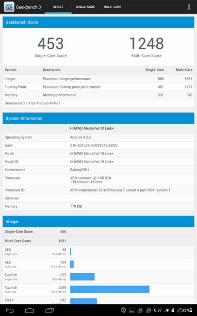 Huawei MediaPad 10 Link+ и Geekbench 3