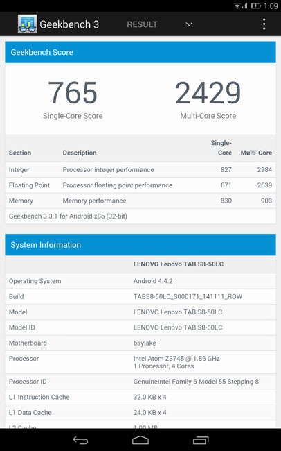 Lenovo TAB S8 и Geekbench 3