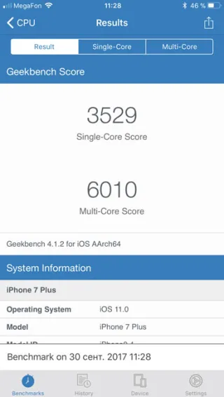 Тест производительности iPhone 7 Plus в Geekbench 4