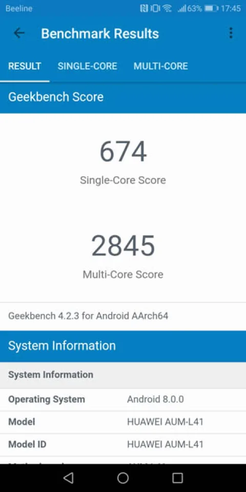 Тест производительности Honor 7C в Geekbench 4