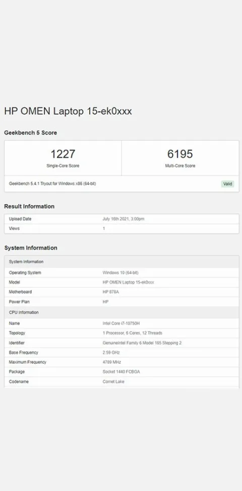 HP OMEN 15 Geekbench 5