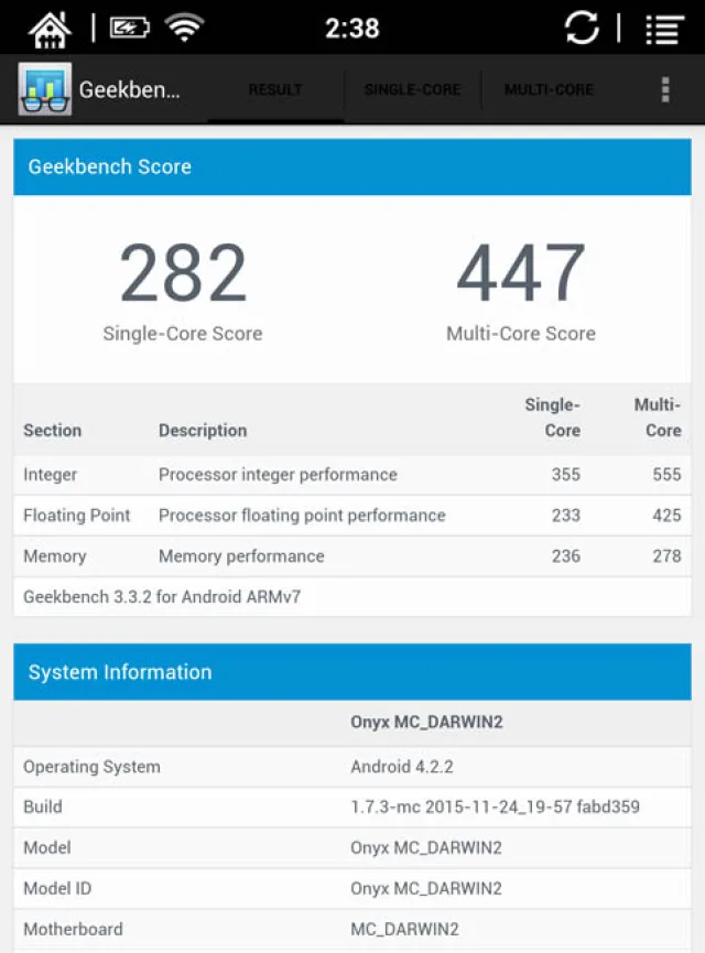 Тест ONYX BOOX Darwin 2 в Geekbench 3