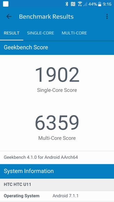 Тест производительности HTC U11 в Geekbench 4