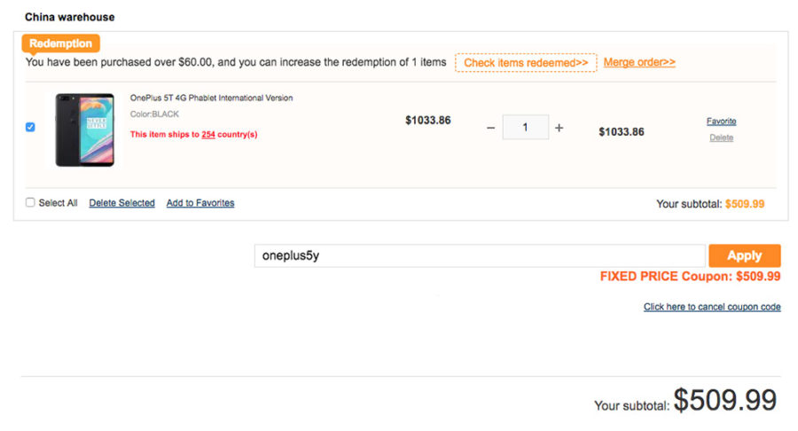 OnePlus 5T купон на покупку на сайте Gearbest.com