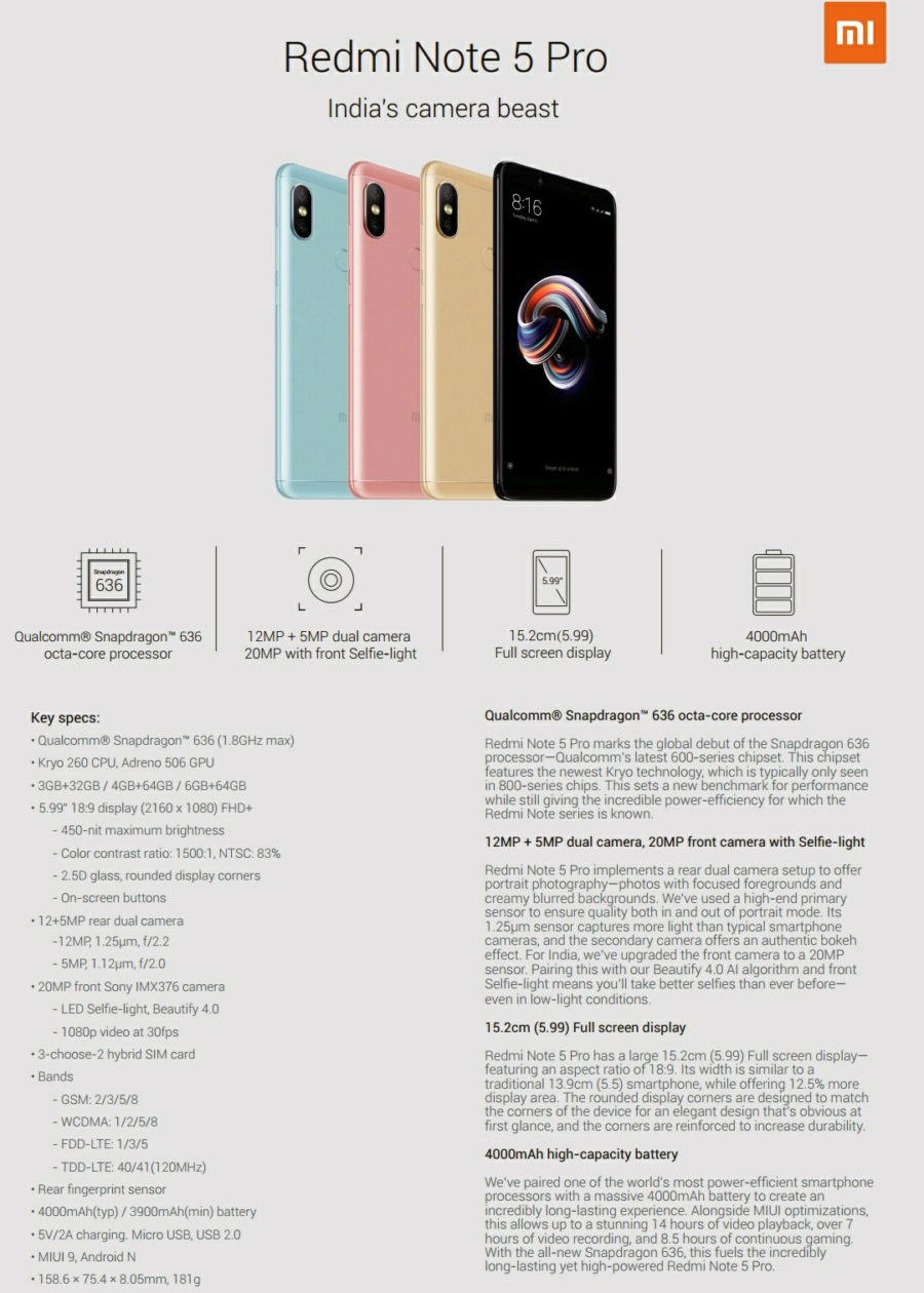 Характеристики Xiaomi Redmi Note 5 Pro