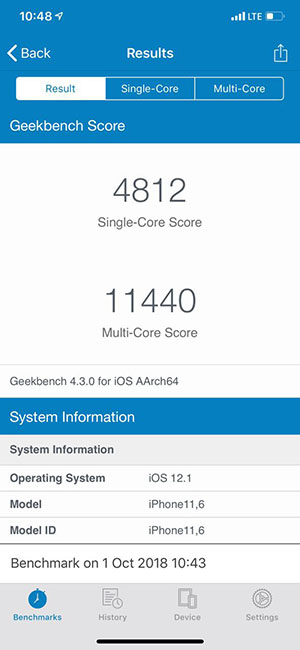 iPhone XS Max Geekbench 4 test