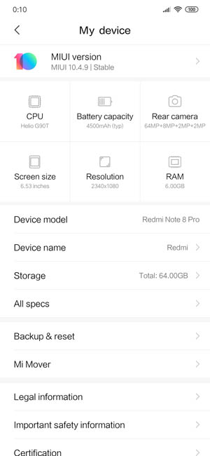 Настройки системы и информация о смартфоне Redmi Note 8 Pro