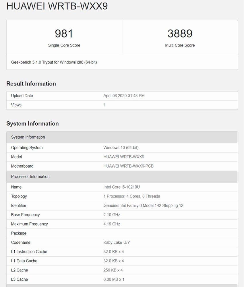 Geekbench 5 тест Huawei Matebook 13 2020